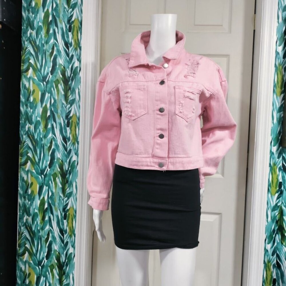 Veveret Cowboy Carter Prairie Coachella Crop Distressed Fringe Jacket Pink Small - Picture 8 of 13